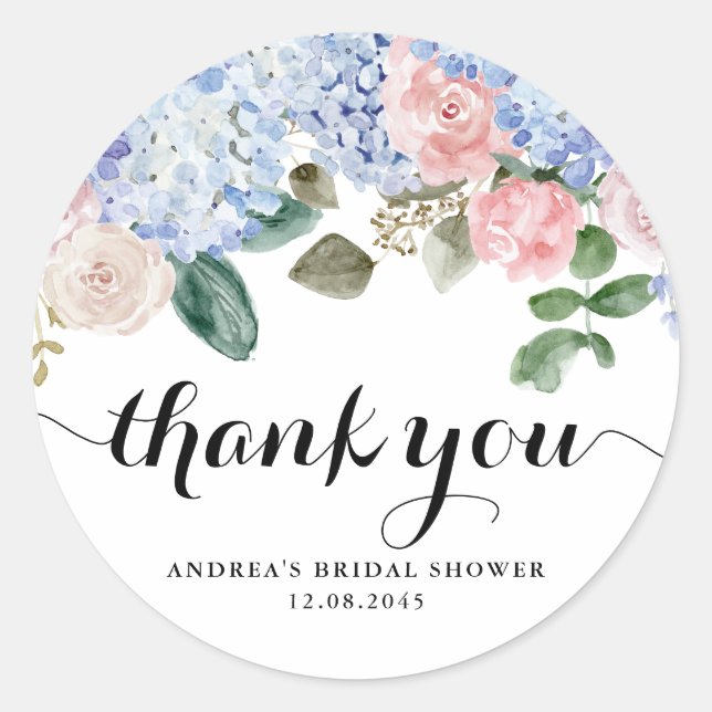Sticker Rond Fête de mariage avec Hydrangea Bleu et Rose Rose (Devant)