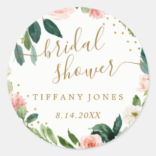Sticker Rond Fête de mariage Floral Blush Rose Gold Confetti