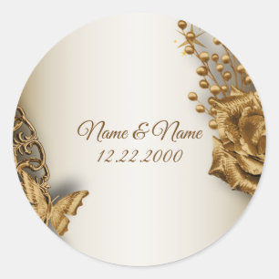 Sticker Rond Fête de mariage Golden Floral Butterfly Vintage