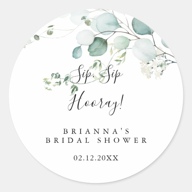 Sticker Rond Fête de mariage Green Eucalyptus Sip Sip Hooray (Devant)