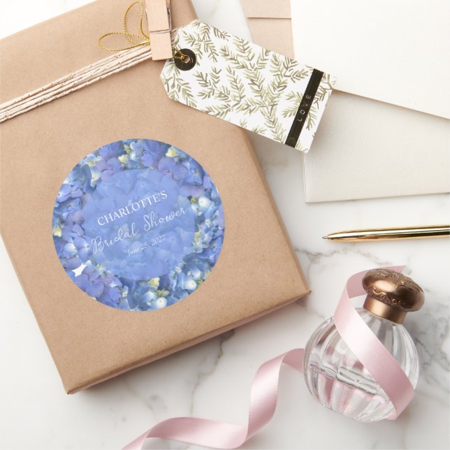 Sticker Rond Fête de mariage personnalisée avec hortensias bleu (Cadeaux)