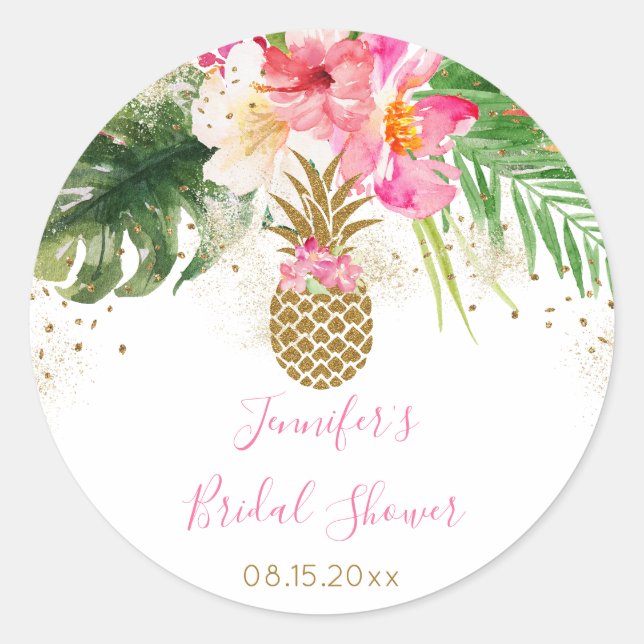 Sticker Rond Fête de mariage tropicale à l'ananas fleuri (Devant)