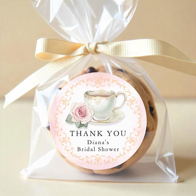 Sticker Rond Fête de Mariée Tea Party Rose Floral (Thank You Tea Party Favor Sticker)