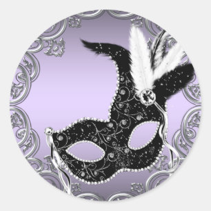 Sticker Rond Fête de masques au lavande argenté et masque noir
