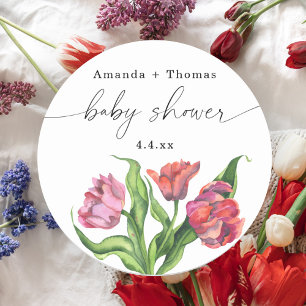 Sticker Rond Fête de naissance bébé Fleurs rouges aquarelle