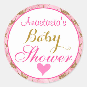 Sticker Rond Fête de naissance de bébé rose et or pailletée Pri