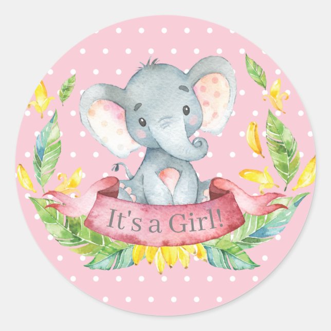 Sticker Rond Fête de naissance éléphant fille Rose (Devant)