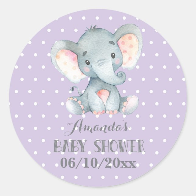 Sticker Rond Fête de naissance éléphant fille Violet et Gris (Devant)