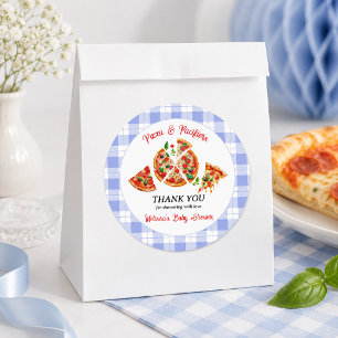 Sticker Rond Fête de naissance garçon Gingham Bleu Pizza et Tét
