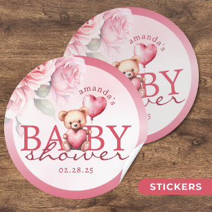 Sticker Rond Fête de naissance ourson à l'aquarelle rose pour l