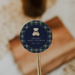 Sticker Rond Fête de naissance ourson tartan polo élégant pour
