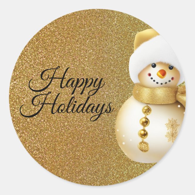 Sticker Rond Fête de Noël Golden Snowman Snowflakes Fêtes (Devant)