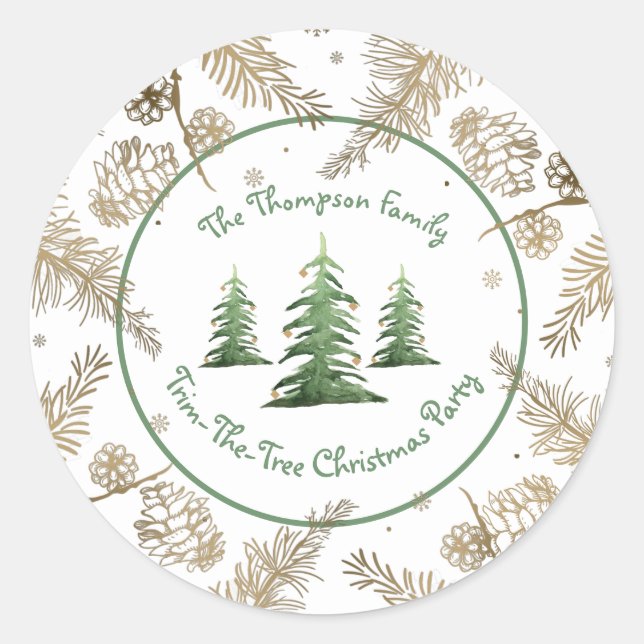 Sticker Rond Fête de Noël, Trim-The-Tree, Nom De Famille, (Devant)