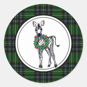 Sticker Rond Fête de Noël Zebra, plaid vert, couronne sainte
