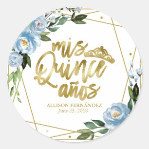 Sticker Rond Fête de Quinceanera Papier d'Or Bleu Pâle Floral 