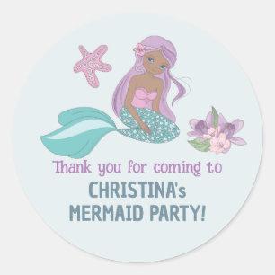Sticker Rond Fête de sirène Fille noire Anniversaire Pastel Tur