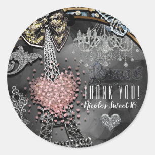 Sticker Rond Fête de Sweet 16 Paris Bling Glamour Étincelle Fra