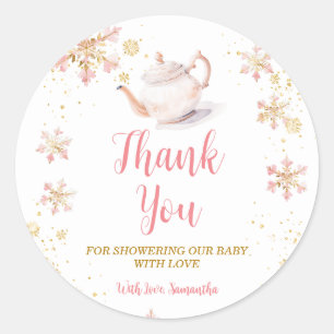 Sticker Rond Fête de thé d'hiver rose Baby Shower Merci