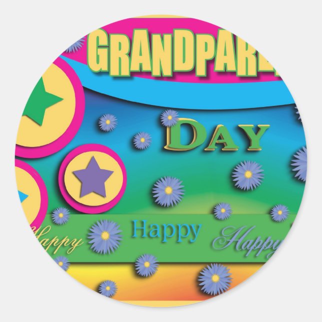 Sticker Rond Fête des grands-parents, étoiles et fleurs bleues (Devant)