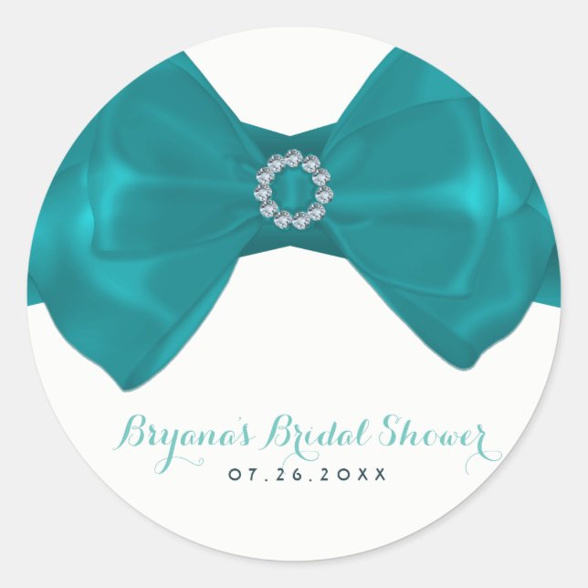 Sticker Rond Fête des mariées Aqua Turquoise Ruban & Diamants É (Devant)