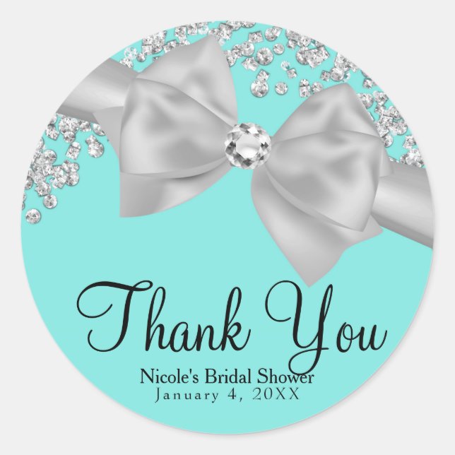 Sticker Rond Fête des mariées Blue Big White Bow Diamonds (Devant)