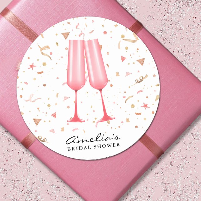 Sticker Rond Fête des mariées Champagne rose (Pink champagne bridal shower 3" round stickers)