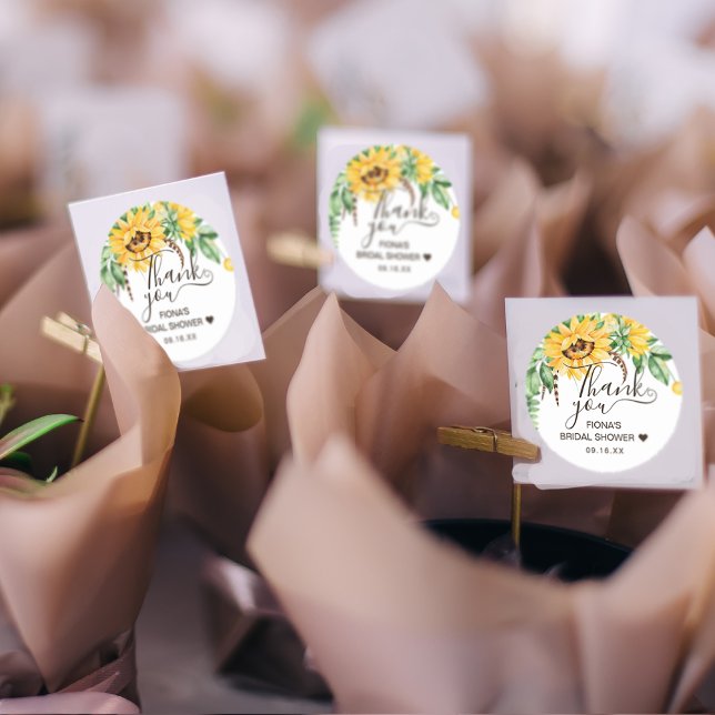 Sticker Rond Fête des mariées de Merci rustique de tournesol (Créateur téléchargé)