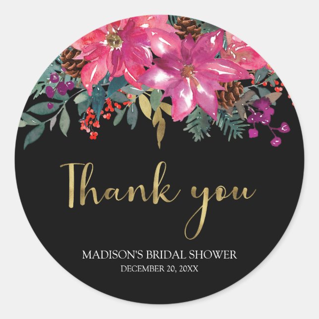 Sticker Rond Fête des mariées de Noël rose Poinsettia (Devant)