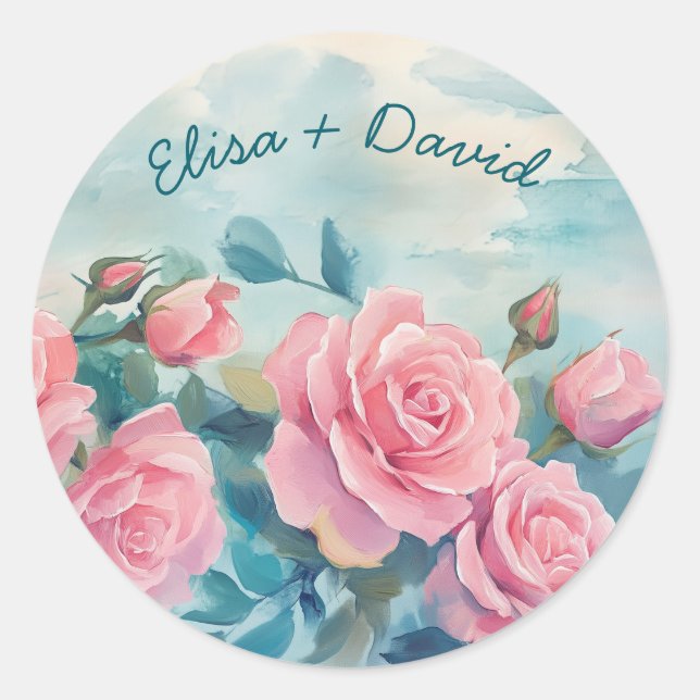 Sticker Rond Fête des mariées de peinture rose Roses sur mesure (Devant)