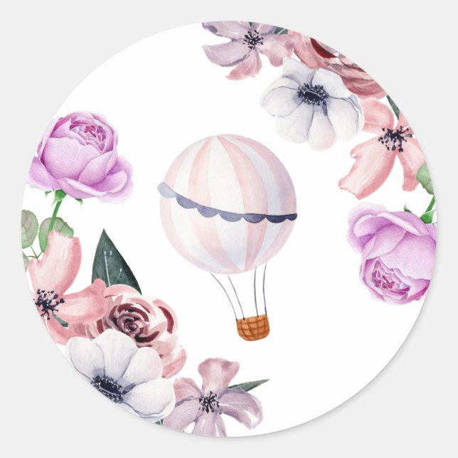 Sticker Rond Fête des mariées de voyage Floral Hot Air Balloon (Devant)