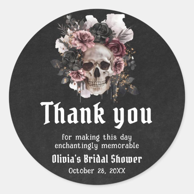 Sticker Rond Fête des mariées du crâne floral d'Halloween noir (Devant)