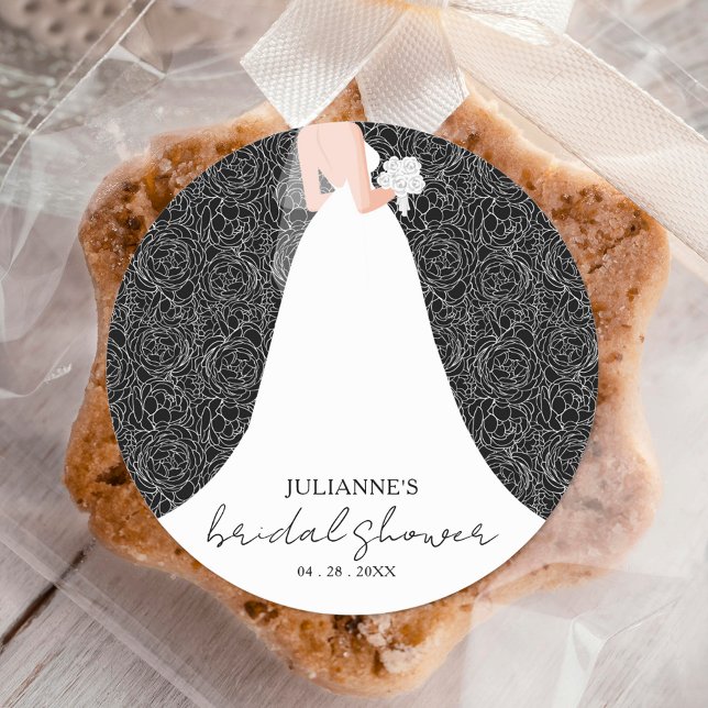 Sticker Rond Fête des mariées florale Mariage Gown Black (Créateur téléchargé)