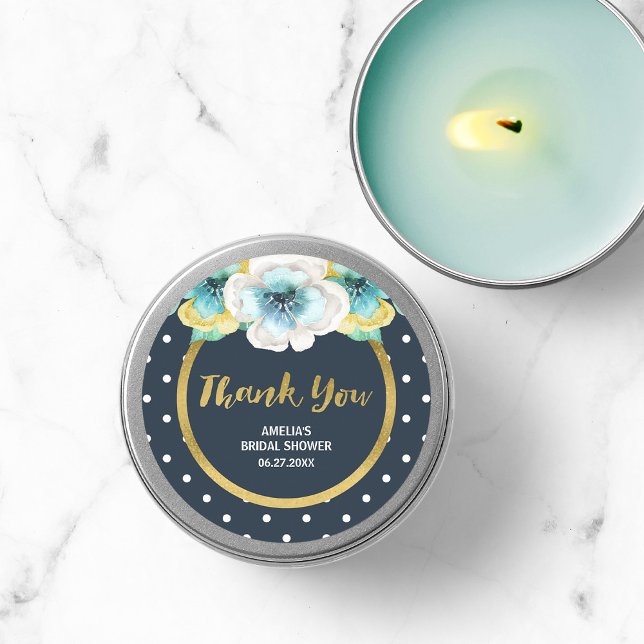 Sticker Rond Fête des mariées florale, Merci bleu et or Faux (Créateur téléchargé)