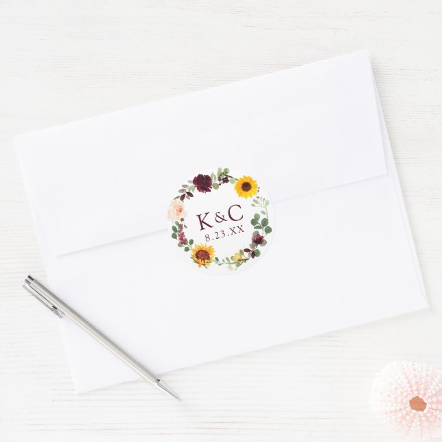 Sticker Rond Fête des mariées mariage tournesol Rose Bourgogne (Enveloppe)