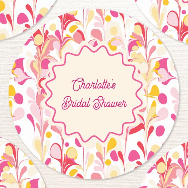 Sticker Rond Fête des mariées moderne Rétro Abstrait rose Vide (Modern abstract groovy abstract wavy personalized bridal shower sticker)
