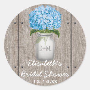 Sticker Rond Fête des mariées Monogramme Mason Jar Blue Hydrang