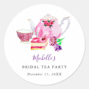 Sticker Rond Fête des mariées Tea Party Purple Teapot Aquarelle
