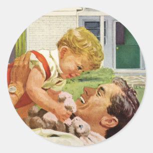 Sticker Rond Fête des pères vintage, Happy Family dans les banl