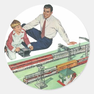 Sticker Rond Fête des pères vintage, père et fils avec Trains