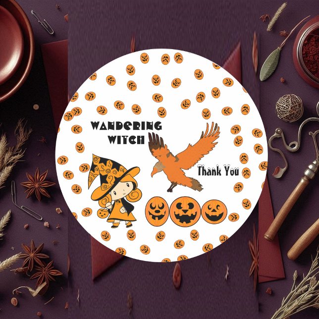 Sticker Rond Fête des sorcières en marche Halloween Corbeau Cit (Wandering Witch Party Halloween Raven Pumpkins Fun Classic Round Sticker)
