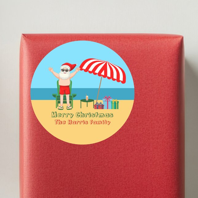 Sticker Rond Fête d'été de Noël de plage Fête du Père Noël (Créateur téléchargé)