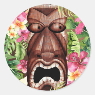 Sticker Rond Fête d'été Tiki Luau en bois hawaïen Favoriser