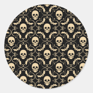 Sticker Rond Fête d'Halloween crânes et chauves-souris noir et