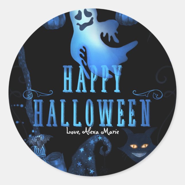 Sticker Rond Fête d'Halloween magique Noir Chat Bleu lumière Fa (Devant)