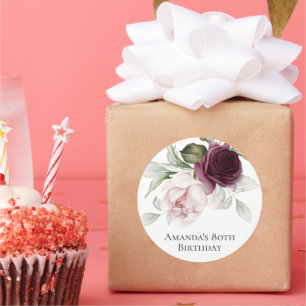 Sticker Rond Fête du 80e anniversaire rose et bourguignon