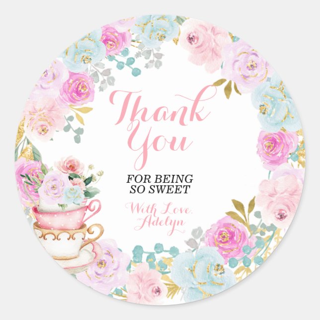 Sticker Rond Fête du thé floral pastel Merci d'être ici (Devant)
