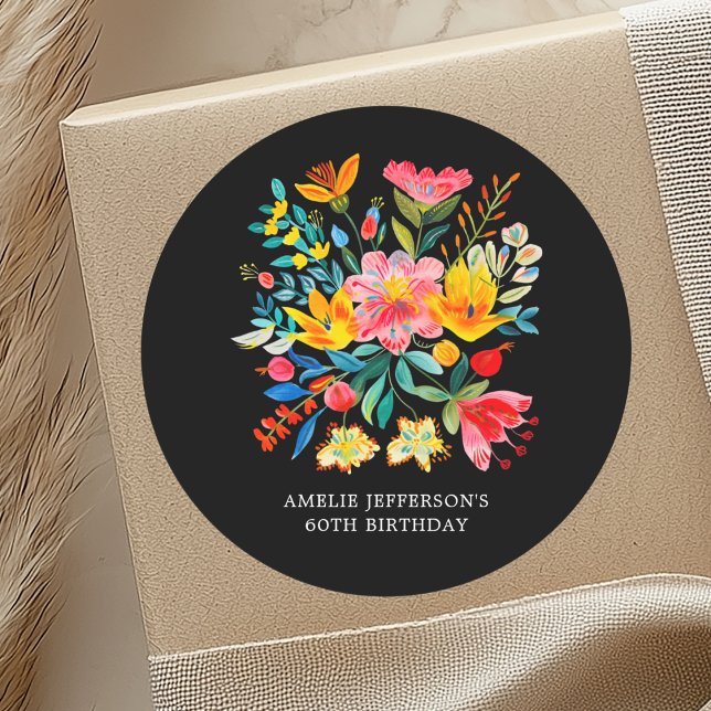 Sticker Rond Fête Florale noire mexicaine brillante Favoriser (Créateur téléchargé)