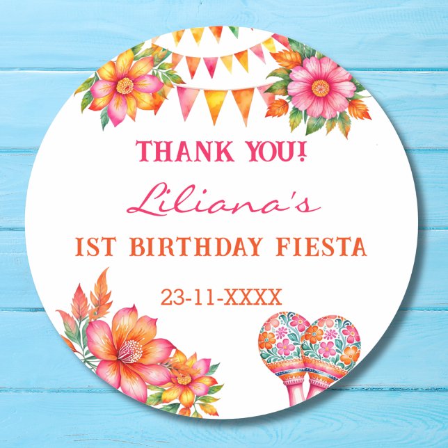 Sticker Rond Fête Florale rose 1er anniversaire Merci (Créateur téléchargé)