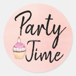 Sticker Rond Fête Heure Pink Aquarelle Cupcake Anniversaire