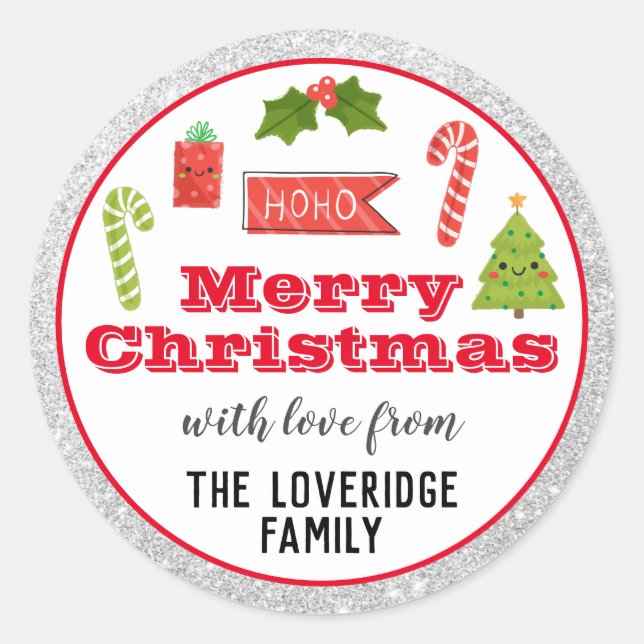 Sticker Rond Fête Joyeux Noël Rouge Parties scintillant argent (Devant)